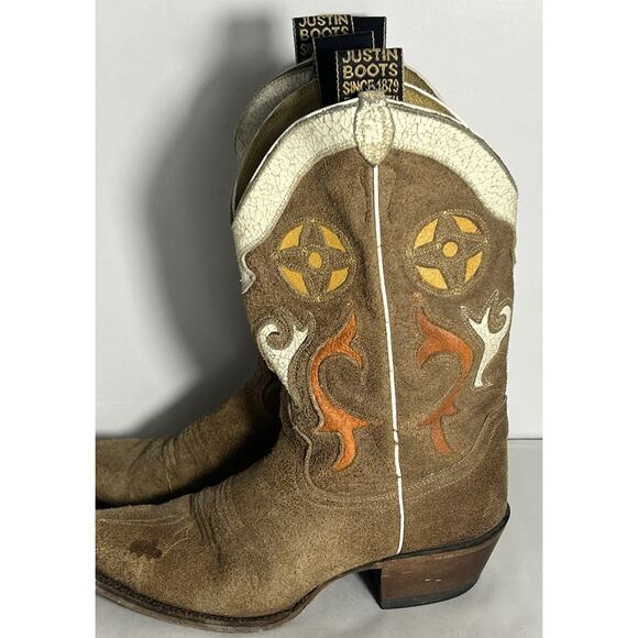 Vintage Justin Cowboy Boots Brown Orange Suede Leather Womens Size 8.5B Western - Picture 5 of 13